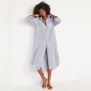 OLD NAVY Long-Sleeve Striped Linen-Blend Midi Shirt Dress With Pockets